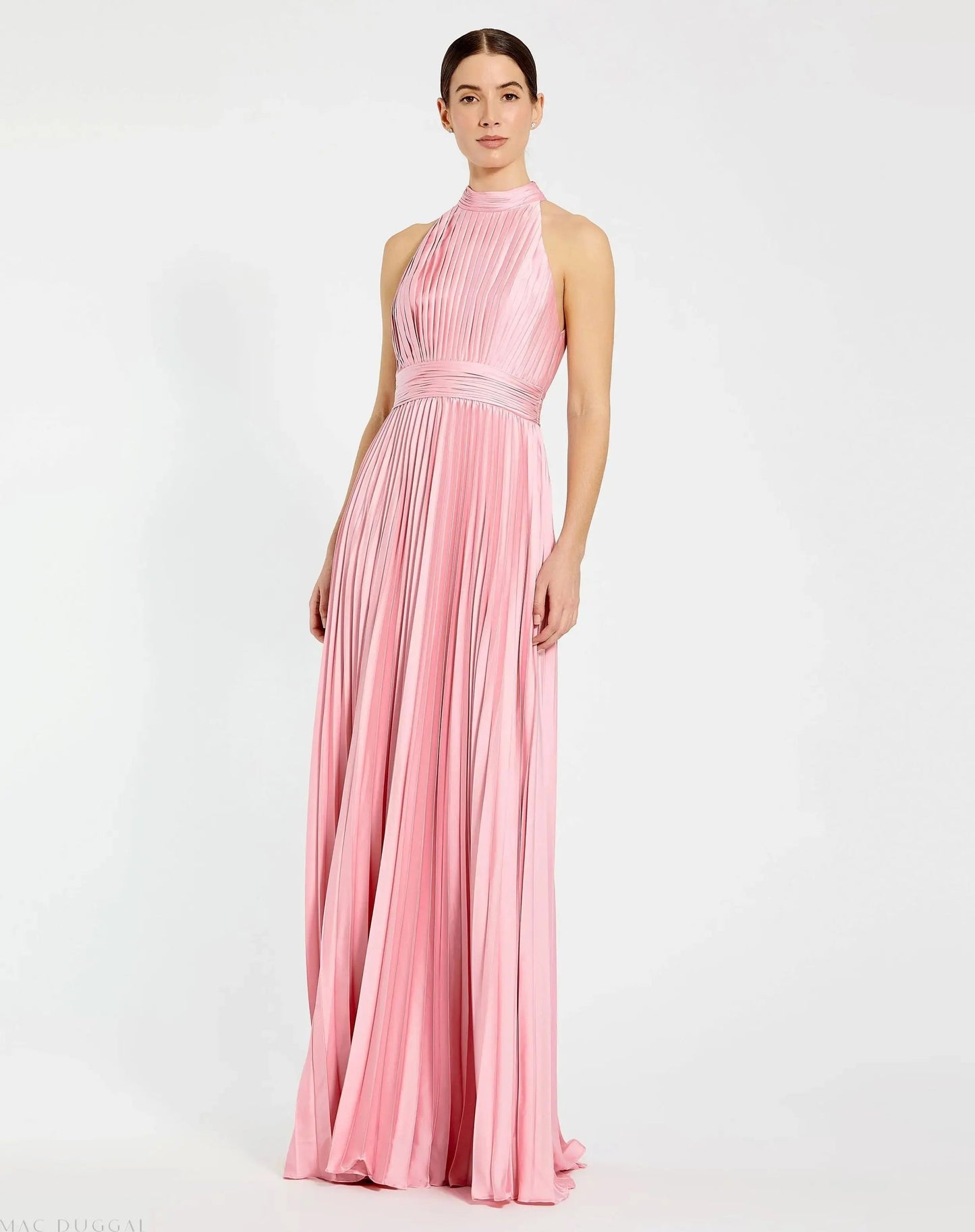 Pink Sleeveless Halter Neck Pleated Satin Gown