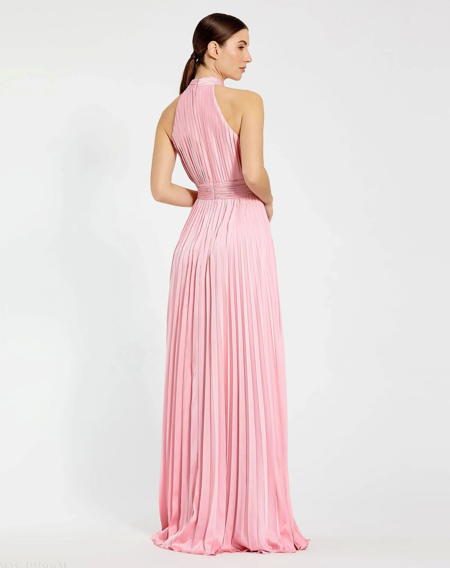 Pink Sleeveless Halter Neck Pleated Satin Gown