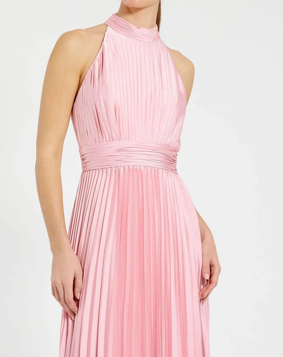 Pink Sleeveless Halter Neck Pleated Satin Gown