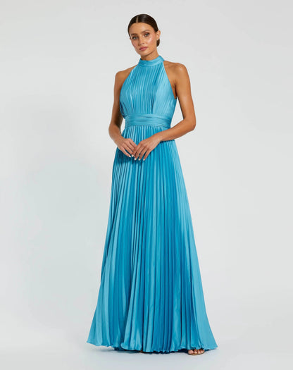 Pleated High Neck Satin Sleeveless Halter Gown