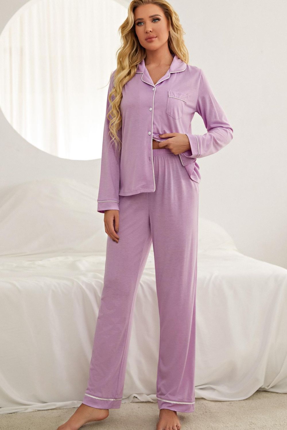 Hazel Blues® |  Contrast Piping Button Down Top and Pants Loungewear Set