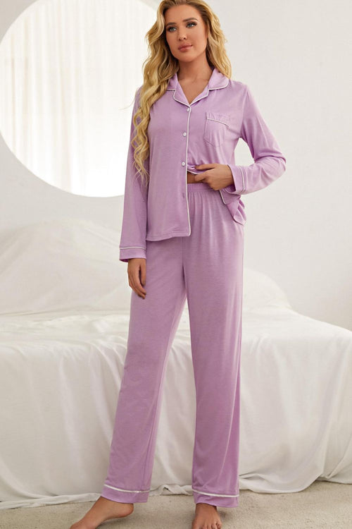 Hazel Blues® |  Contrast Piping Button Down Top and Pants Loungewear Set