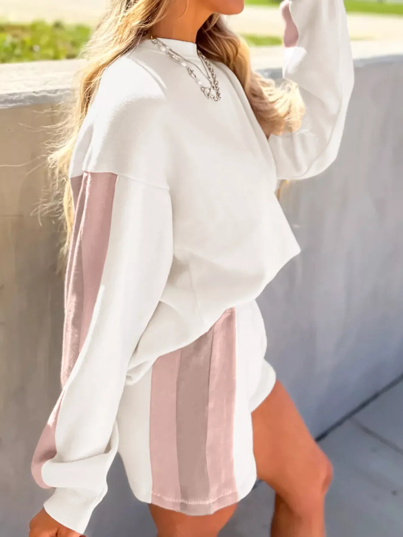 Hazel Blues® |  Color Block Patchwork Drop Shoulder Pullover and Shorts Set