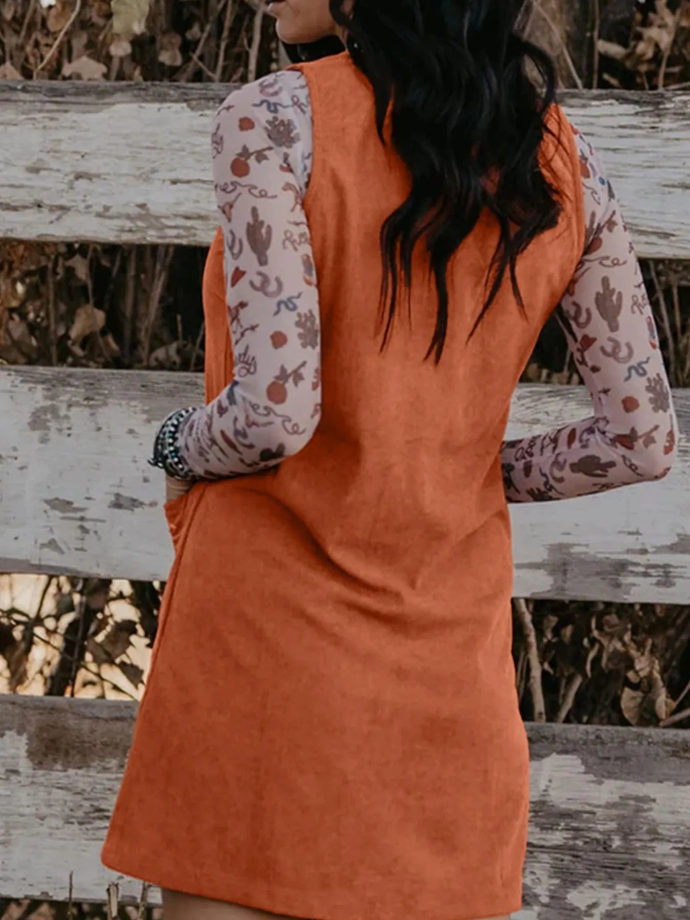 Hazel Blues® |  Corduroy Western Embroidered Patched Pocket Shift Sleeveless Mini Dress