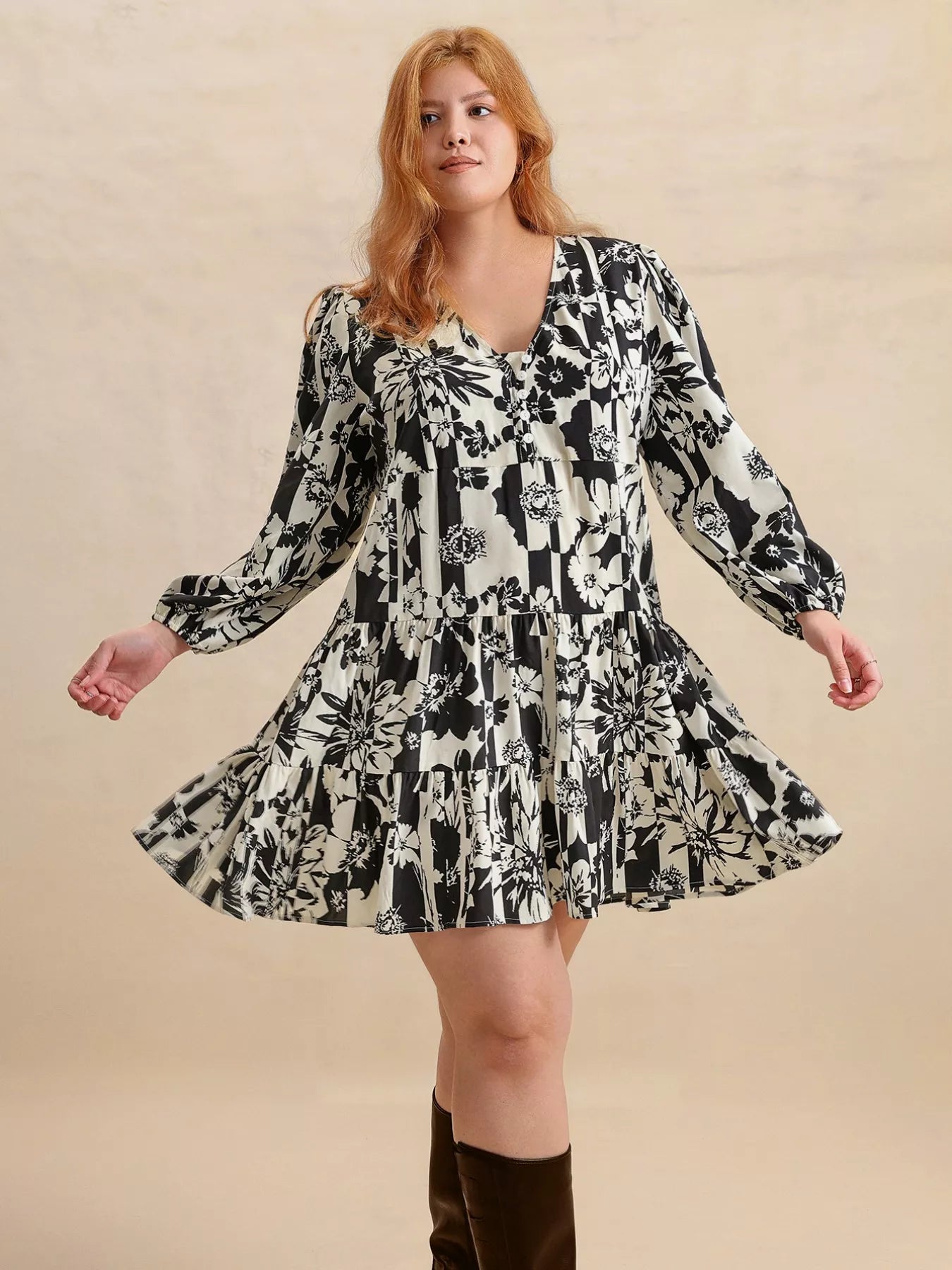 Hazel Blues® | Printed V-Neck Long Sleeve Mini Dress