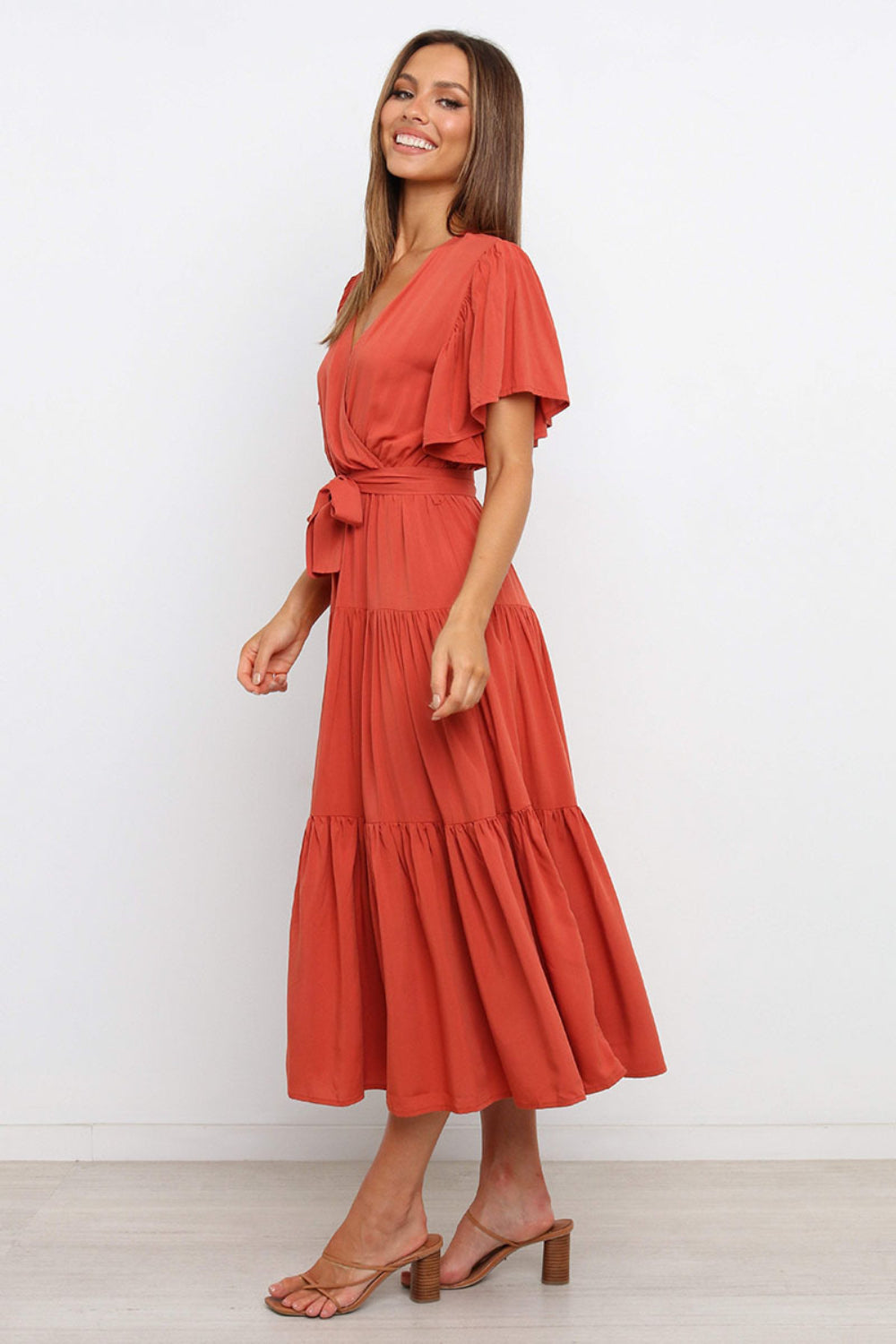 Hazel Blues® |  Tied Tiered Short Sleeve Midi Dress