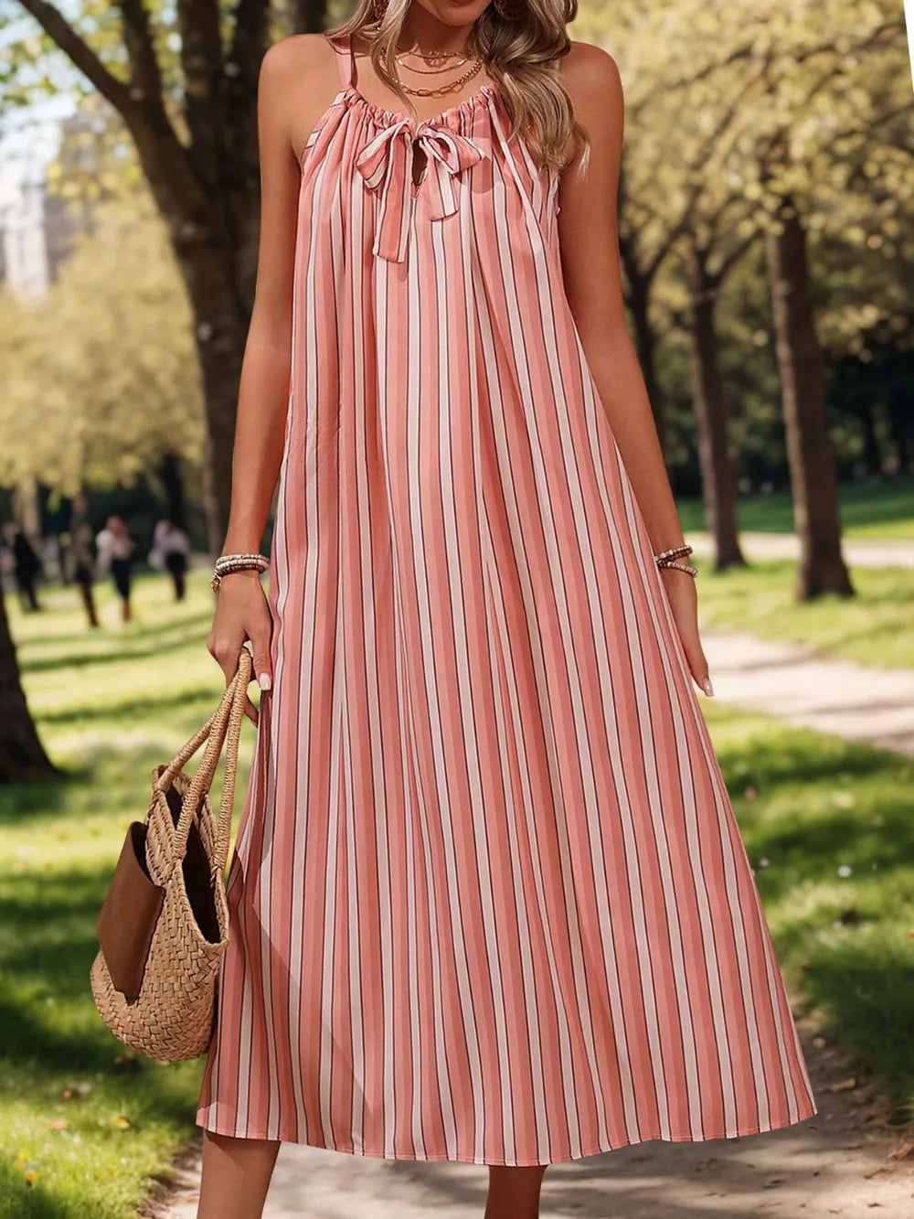 Hazel Blues® |  Perfee Striped Tie Neck Midi Cami Dress
