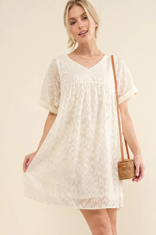 Hazel Blues® |  And The Why Woven Leopard Baby Doll Roll-Sleeve Casual Dress