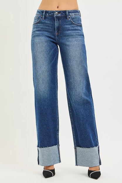 Hazel Blues® |  RISEN Mid Rise Wide Straight Jeans With Wide Cuff