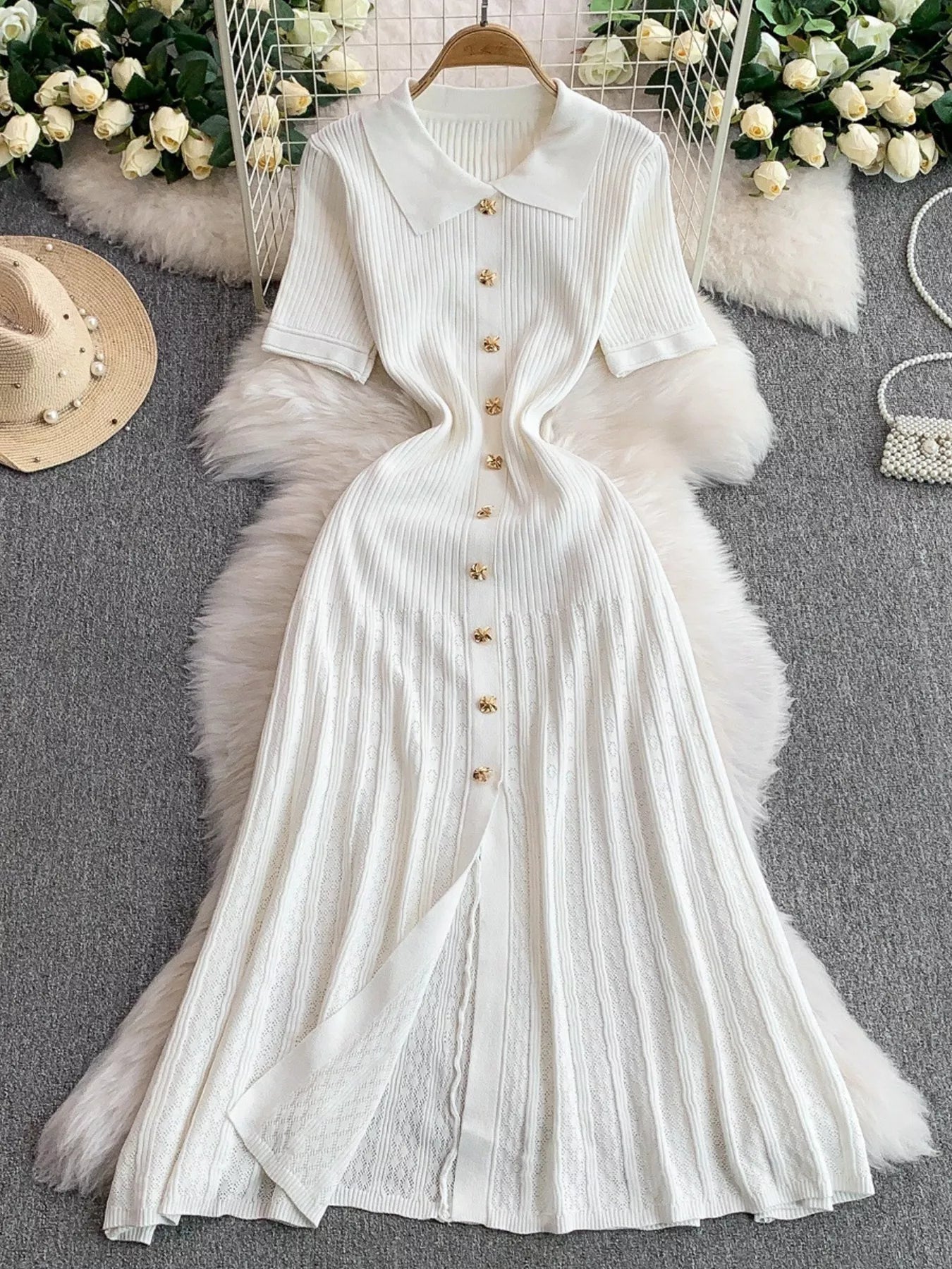 Hazel Blues® |  Button Front Ribbed Knit Midi Dress