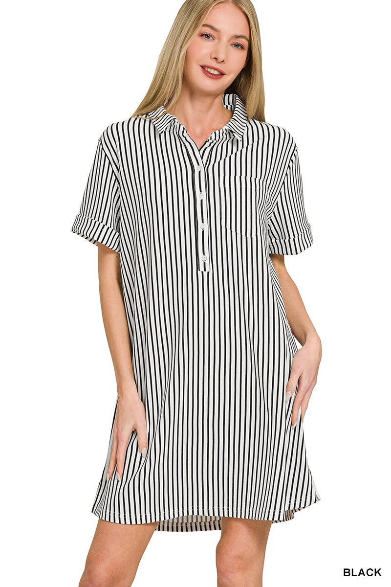 Hazel Blues® |  Zenana Stripe Collared Half Button Up T-Shirts Dress
