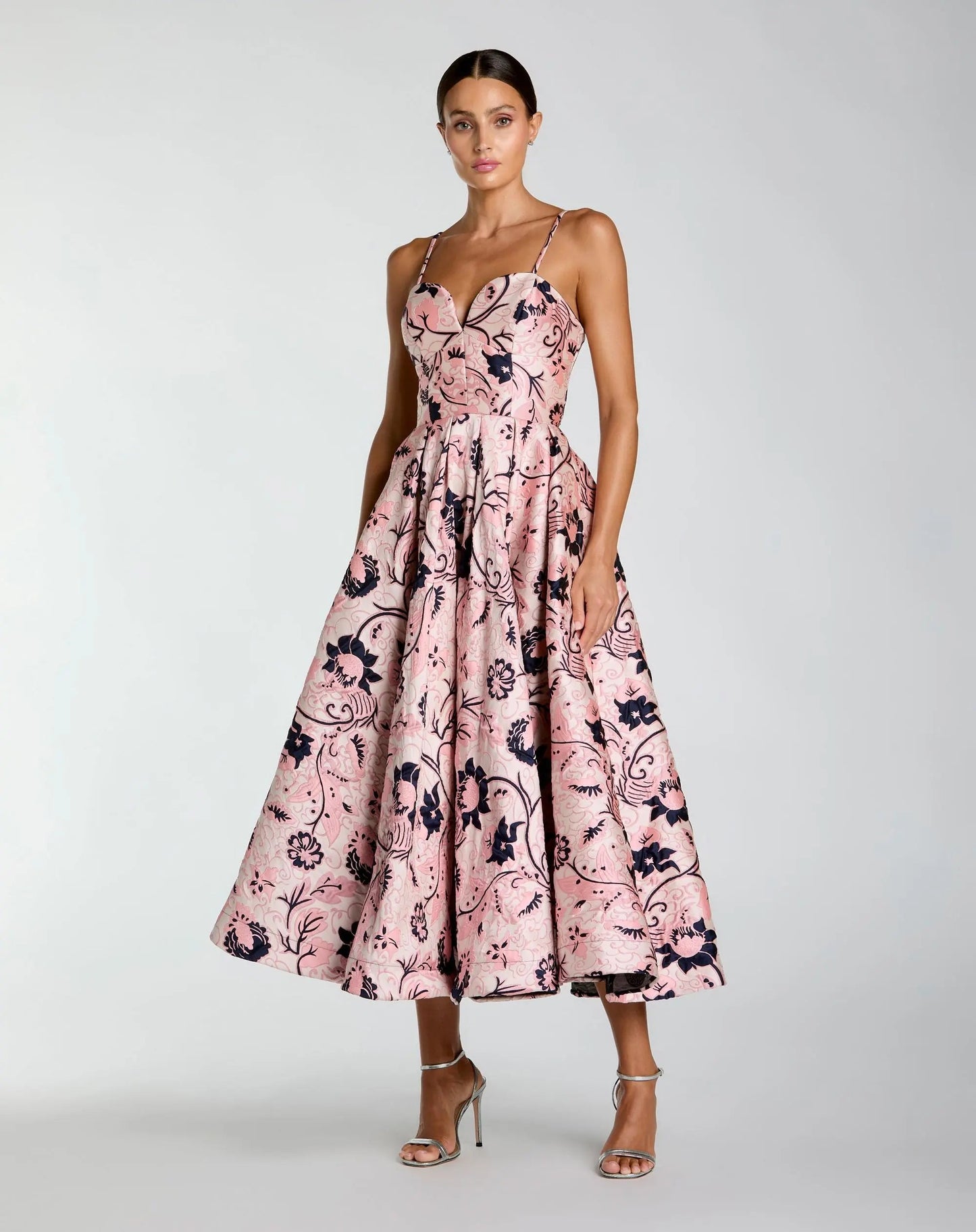Pink Brocade Sweetheart Neck A-Line Midi Dress