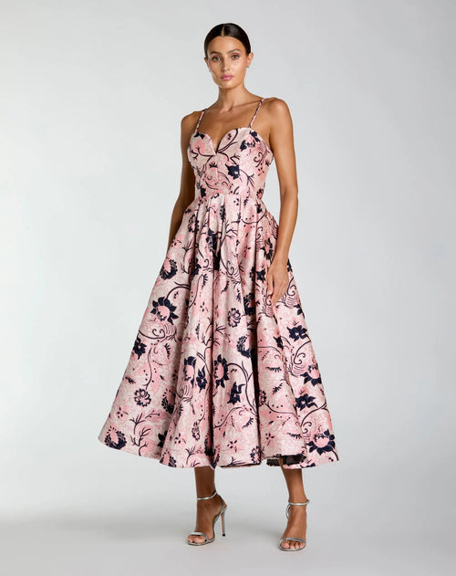 Pink Brocade Sweetheart Neck A-Line Midi Dress