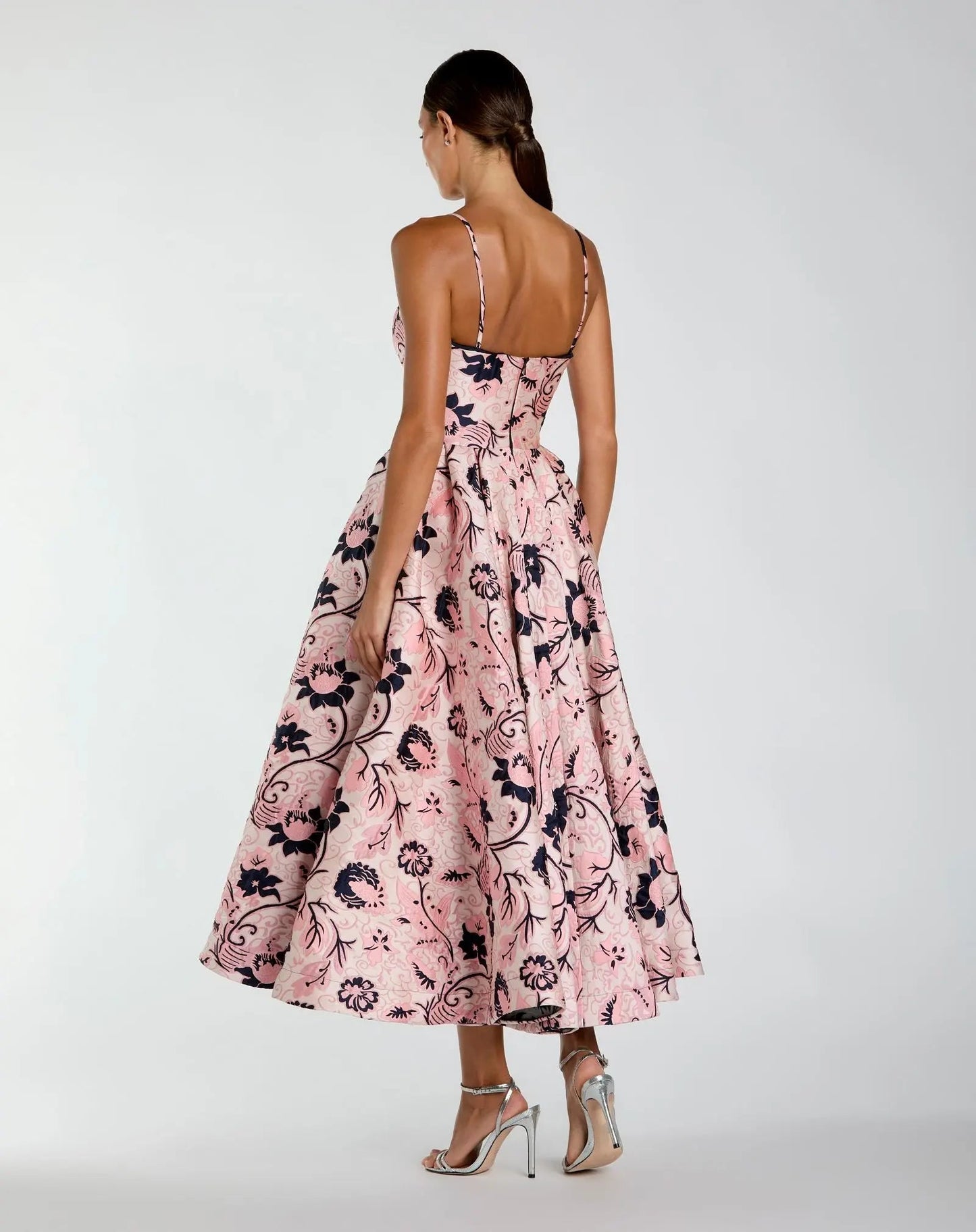 Pink Brocade Sweetheart Neck A-Line Midi Dress