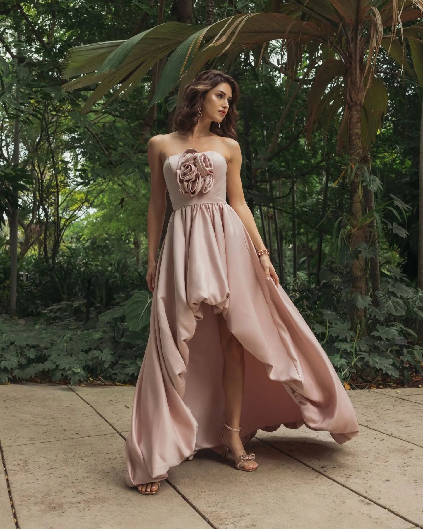 Pink Strapless Satin High Low Gown with Rosettes