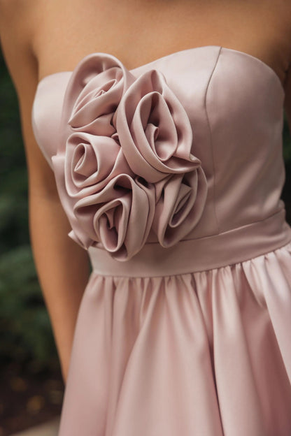 Pink Strapless Satin High Low Gown with Rosettes