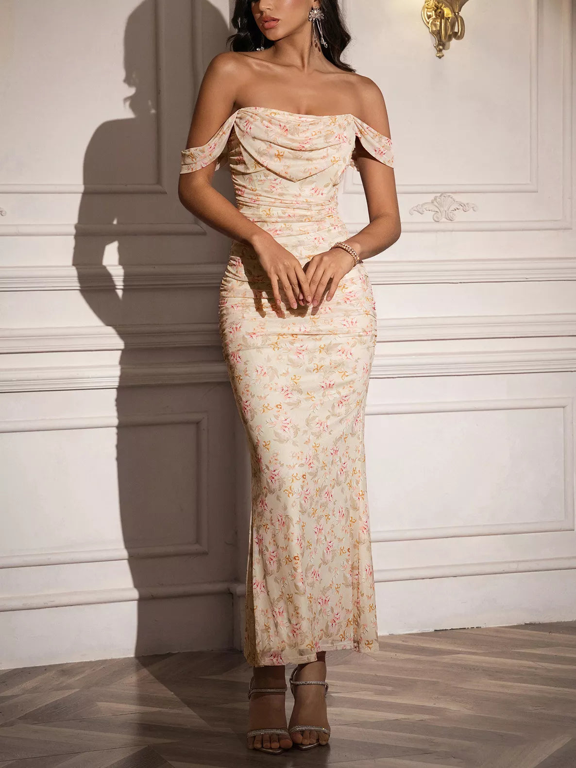 Hazel Blues® |  Off-Shoulder Ruched Floral Mermaid Dress