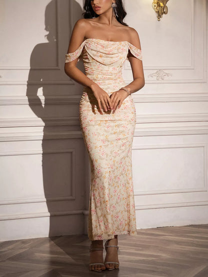Hazel Blues® |  Off-Shoulder Ruched Floral Mermaid Dress