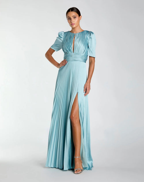 Pleated Charmeuse Puff Sleeve Evening Gown With Slit