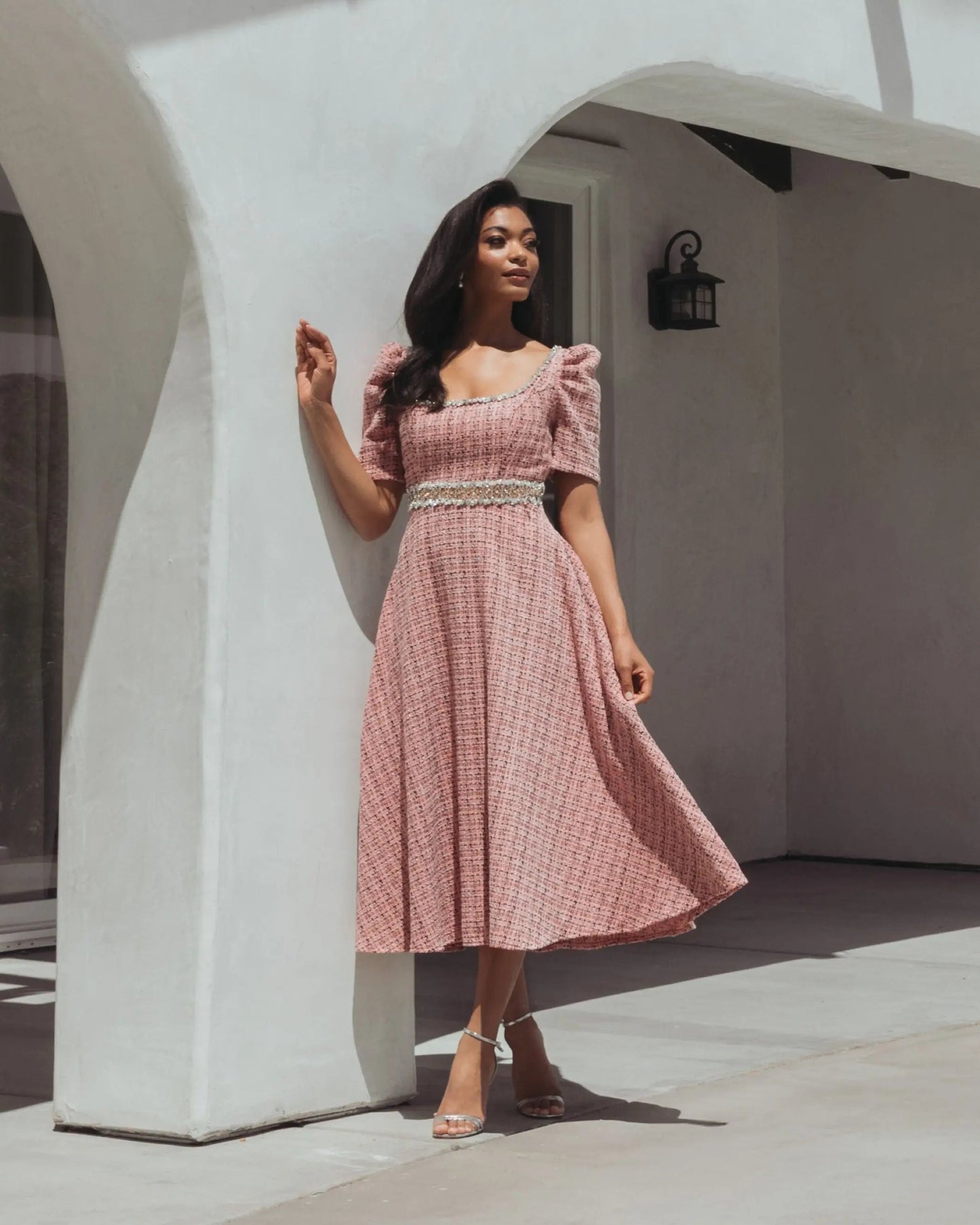 Pink Puff Sleeve Boucle Midi Dress With Beaded Belt