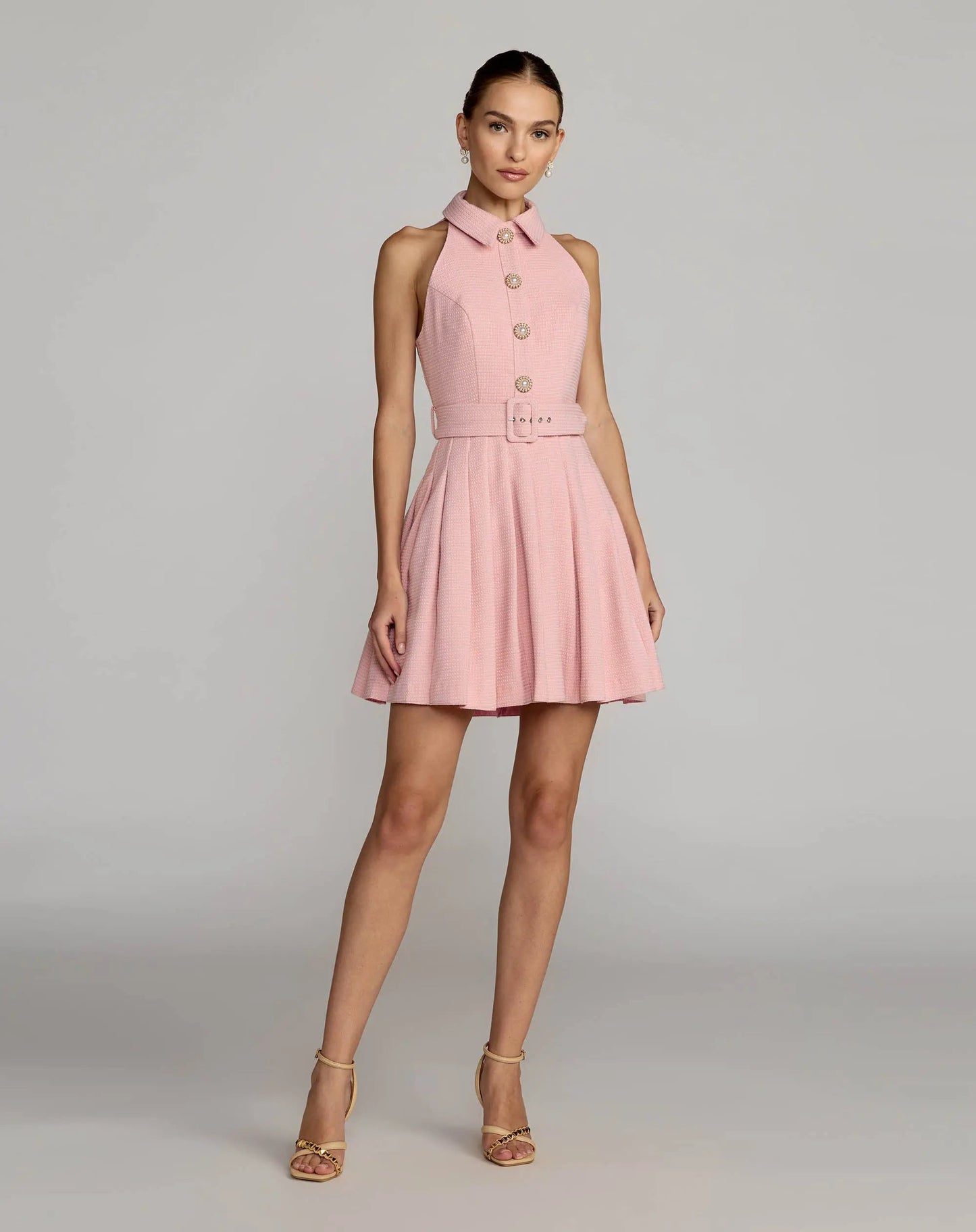Pink Pleated A Line Mini Dress with Pearl Button Detail