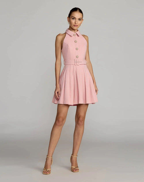 Pink Pleated A Line Mini Dress with Pearl Button Detail