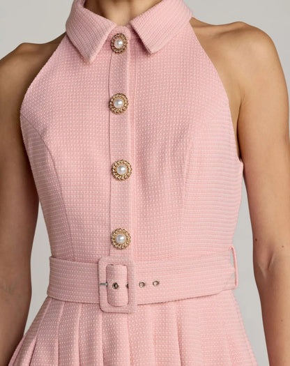 Pink Pleated A Line Mini Dress with Pearl Button Detail