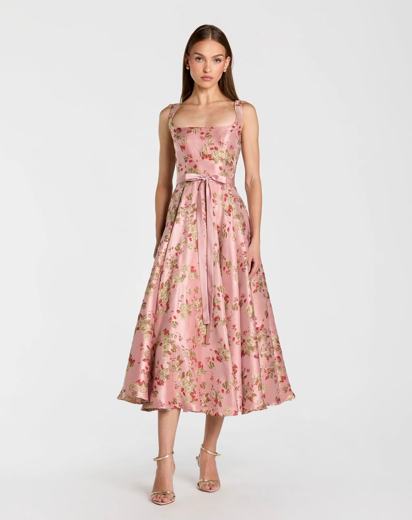 Pink Sleeveless Brocade A Line Midi Dress