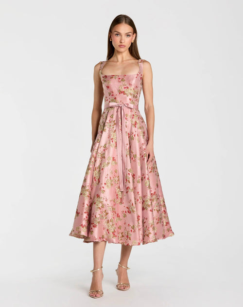 Pink Sleeveless Brocade A Line Midi Dress