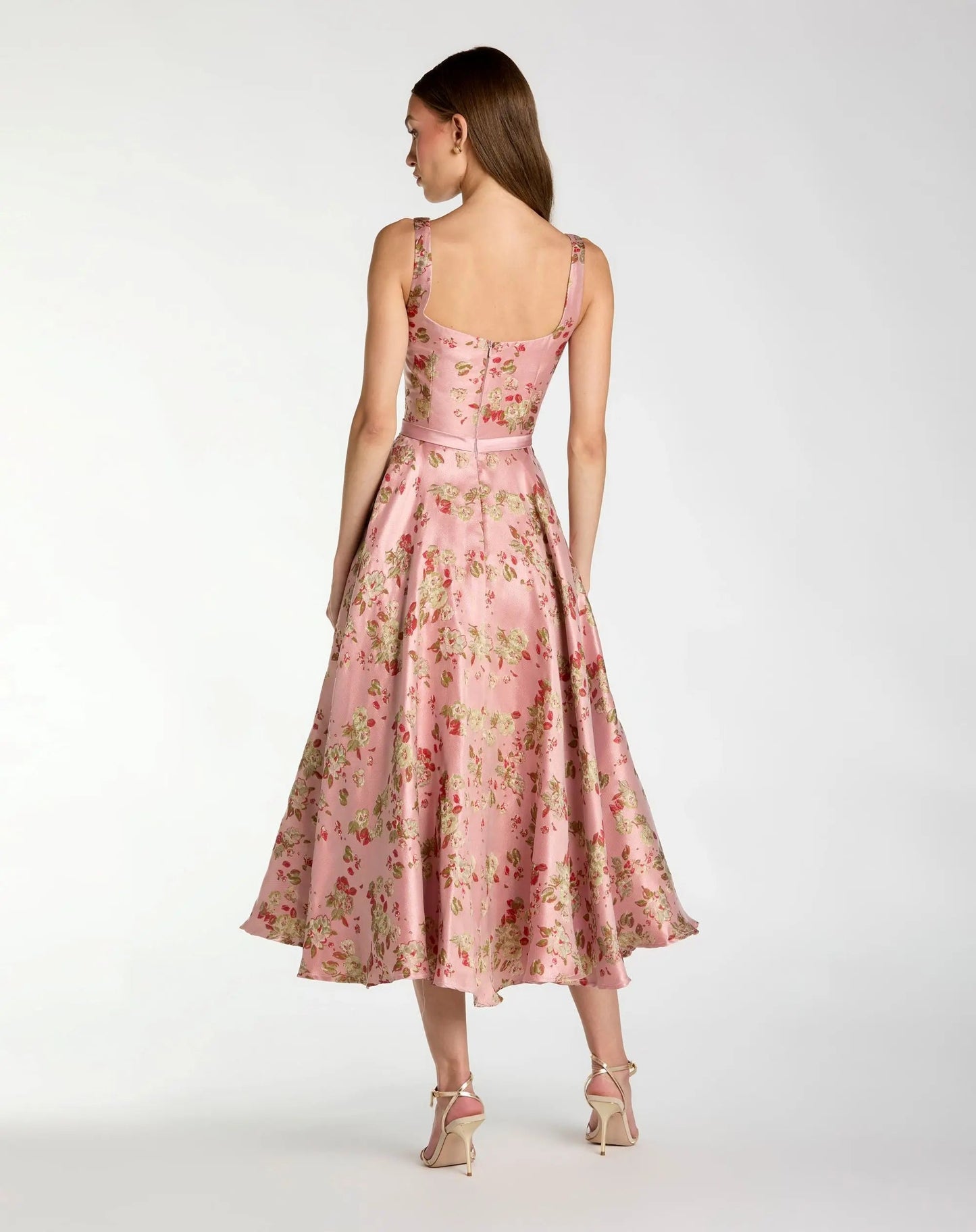 Pink Sleeveless Brocade A Line Midi Dress