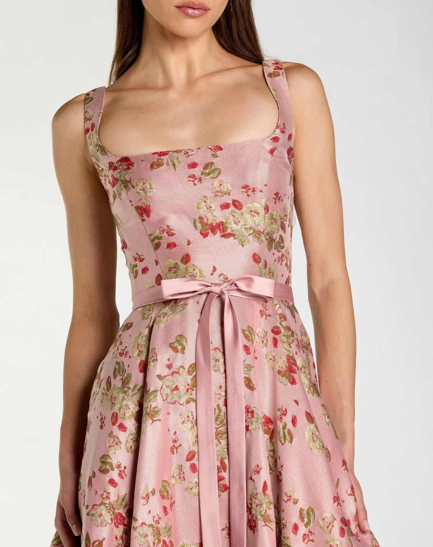 Pink Sleeveless Brocade A Line Midi Dress