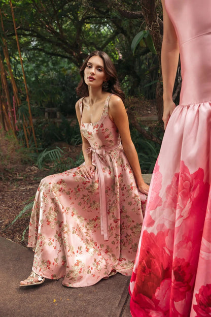 Pink Sleeveless Brocade A Line Midi Dress