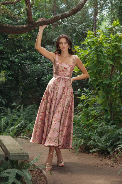 Pink Sleeveless Brocade A Line Midi Dress