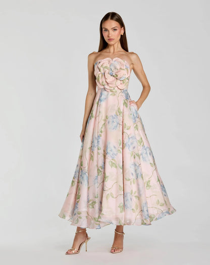 Pink Strapless Floral Organza Midi Dress With Flower