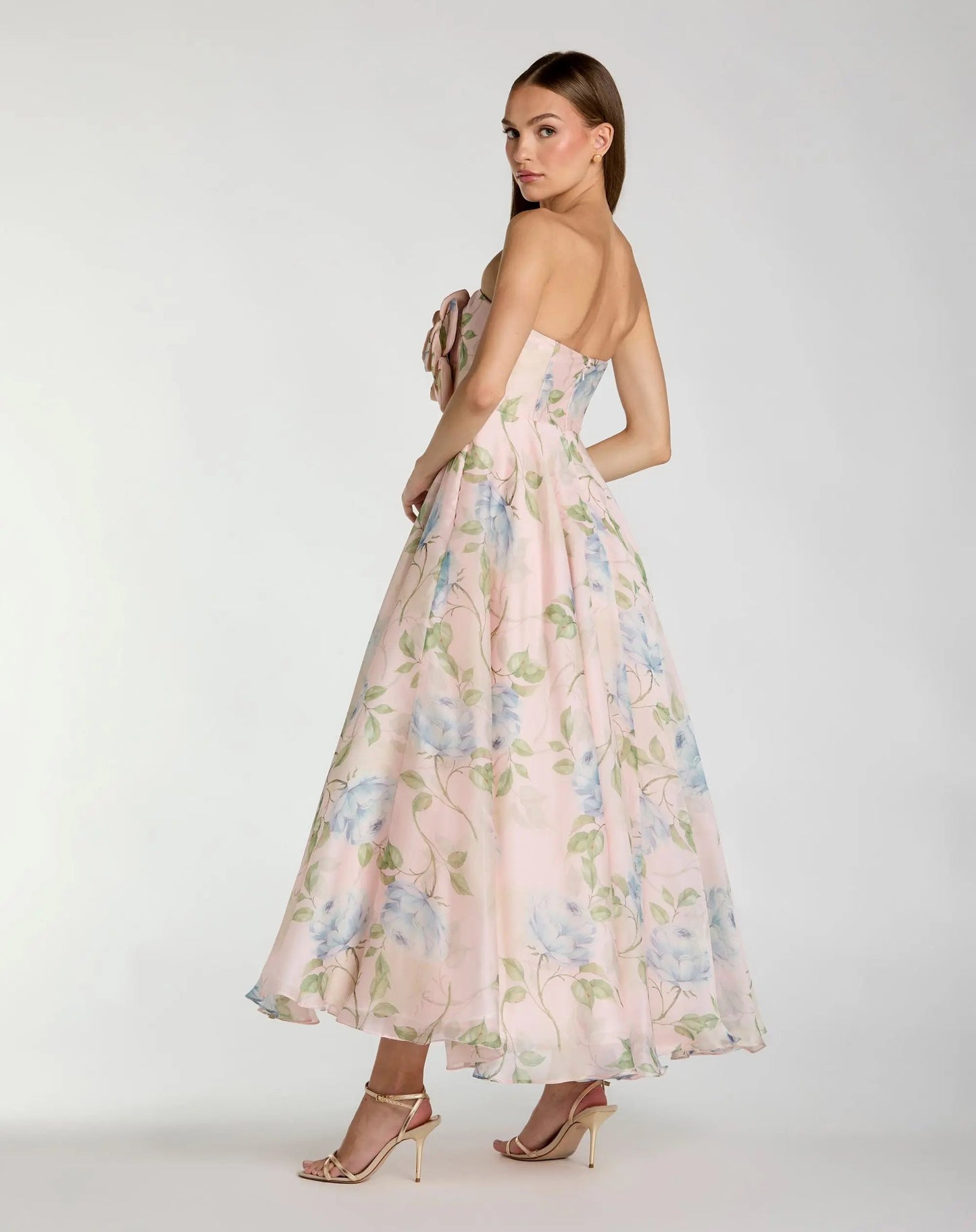 Pink Strapless Floral Organza Midi Dress With Flower