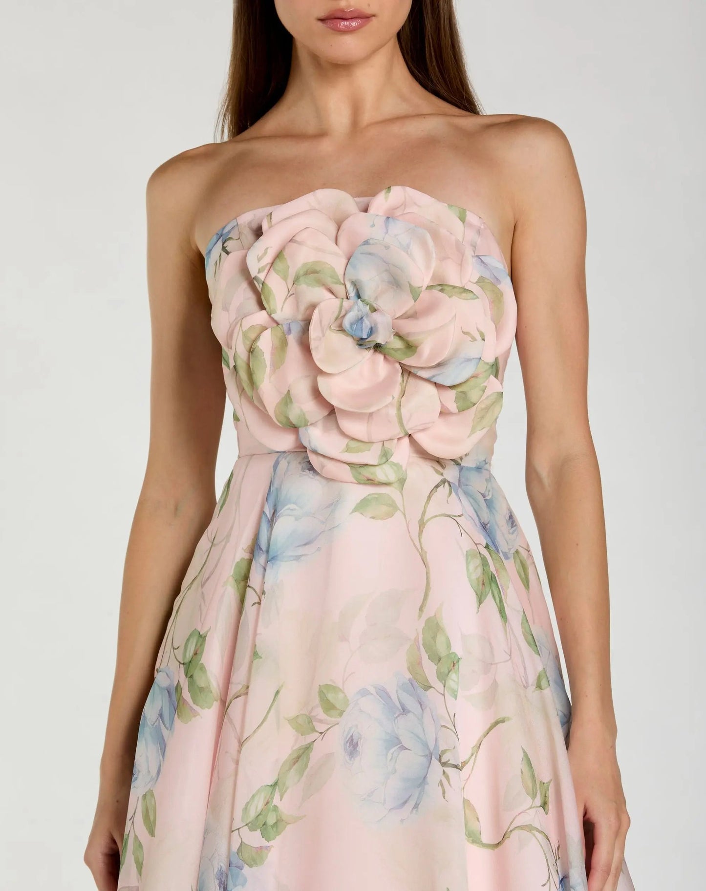 Pink Strapless Floral Organza Midi Dress With Flower