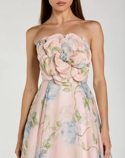 Pink Strapless Floral Organza Midi Dress With Flower