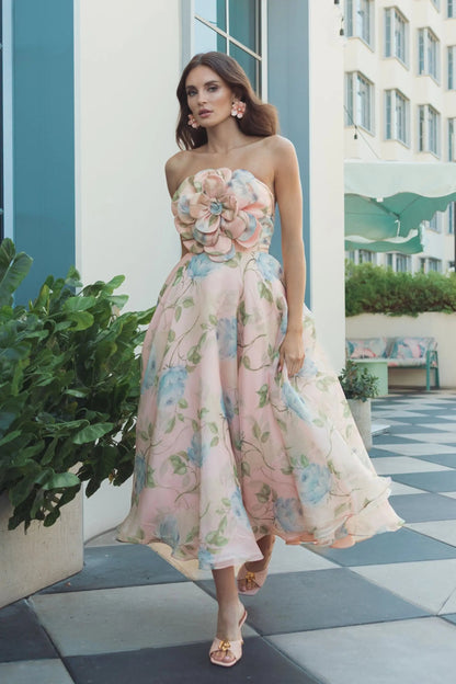 Pink Strapless Floral Organza Midi Dress With Flower