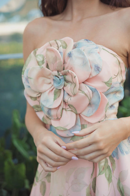 Pink Strapless Floral Organza Midi Dress With Flower