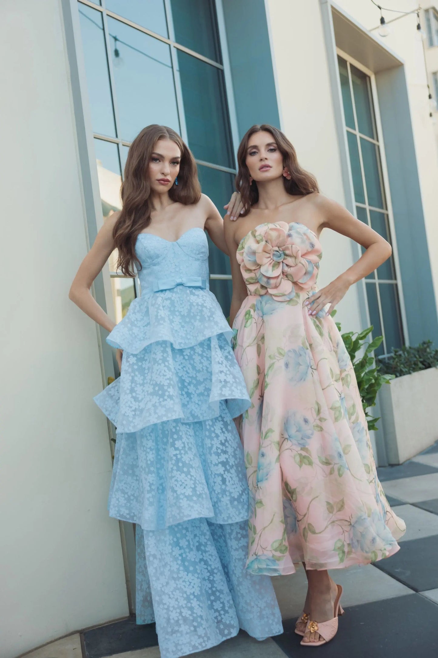 Pink Strapless Floral Organza Midi Dress With Flower