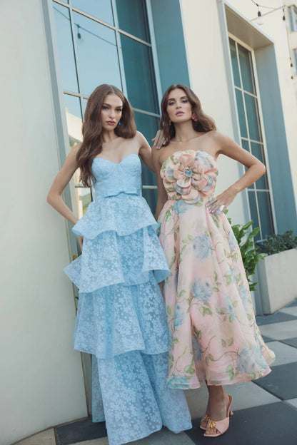 Pink Strapless Floral Organza Midi Dress With Flower