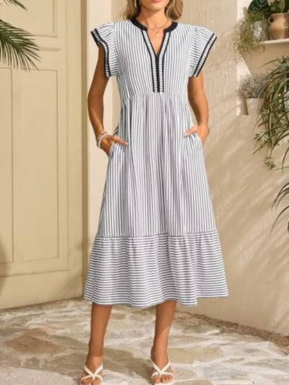 Hazel Blues® |  Striped Notched Ruffle Sleeve Dress