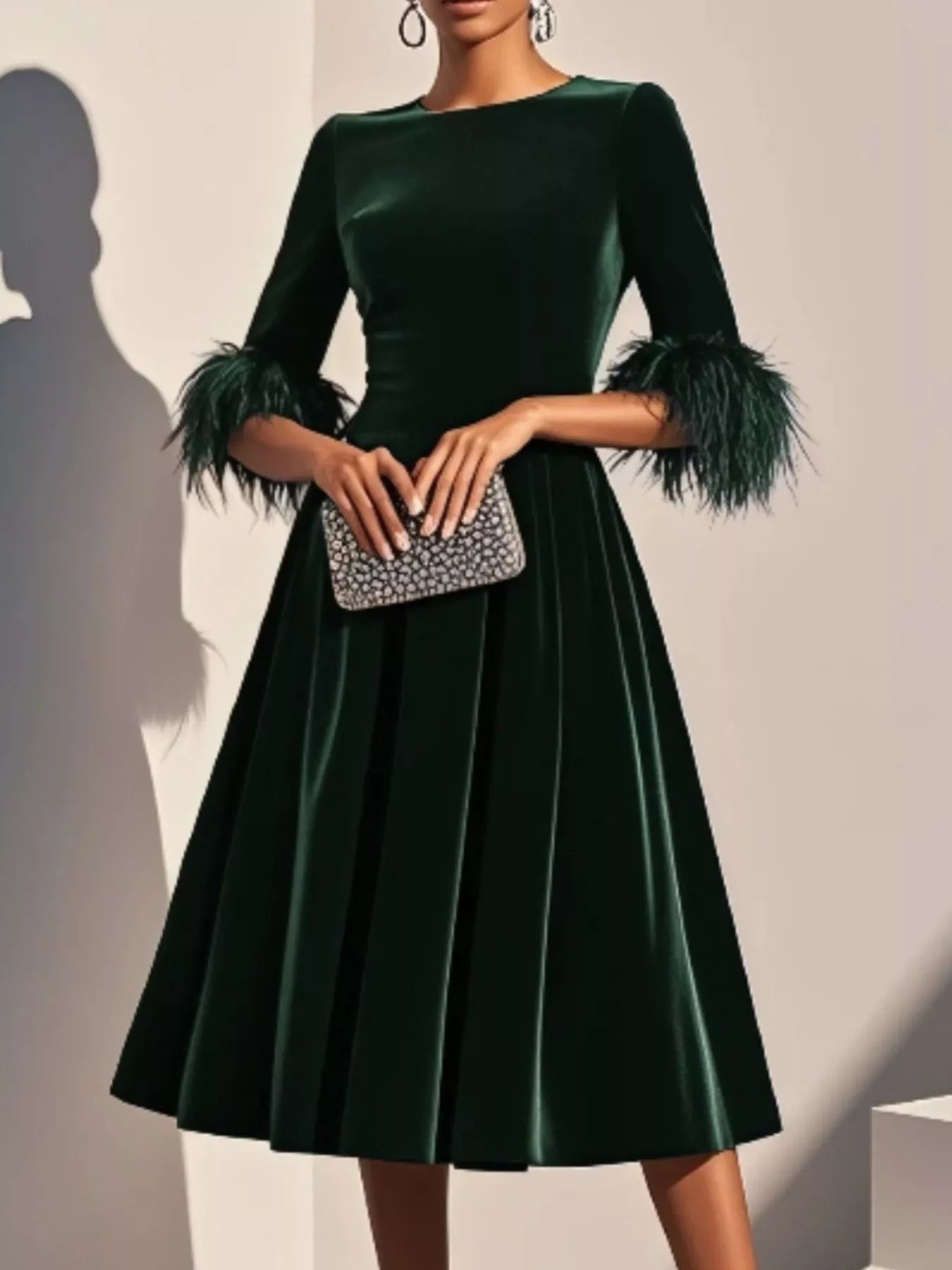 Hazel Blues® |  Velvet Midi Dress with Feather Cuffs