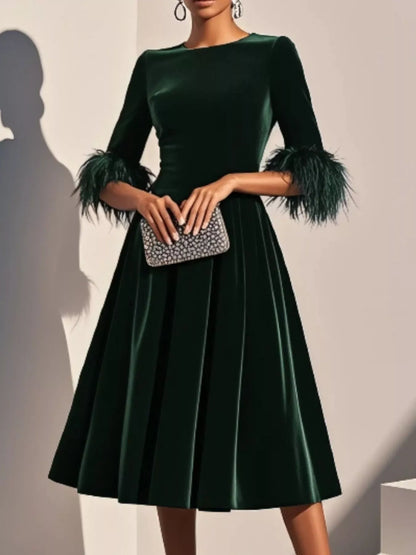 Hazel Blues® |  Velvet Midi Dress with Feather Cuffs
