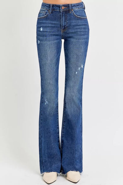 Hazel Blues® | RISEN Distressed Mid Rise Flare Jeans