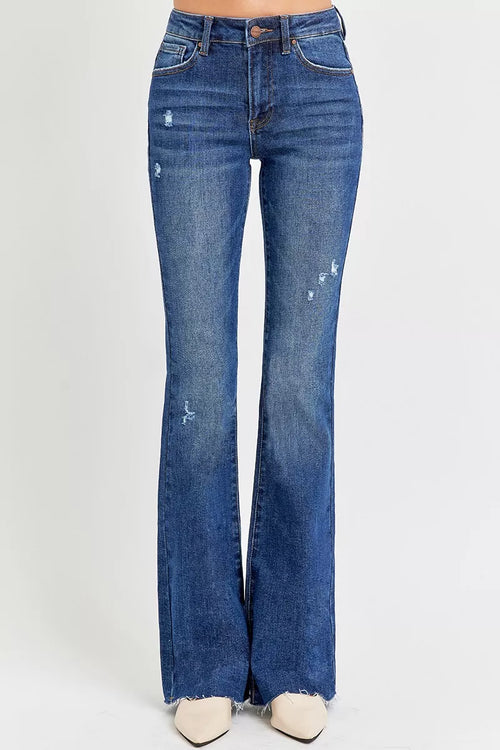 Hazel Blues® | RISEN Distressed Mid Rise Flare Jeans