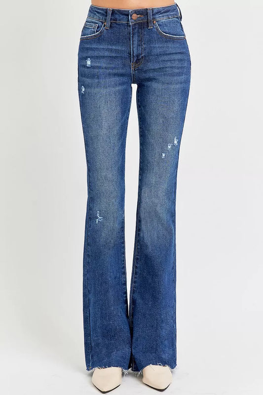 Hazel Blues® | RISEN Distressed Mid Rise Flare Jeans