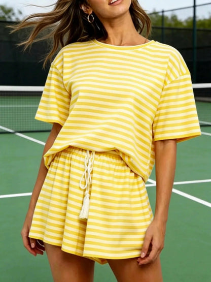 Hazel Blues® |  Striped Short Sleeve Tee and Drawstring Shorts Set