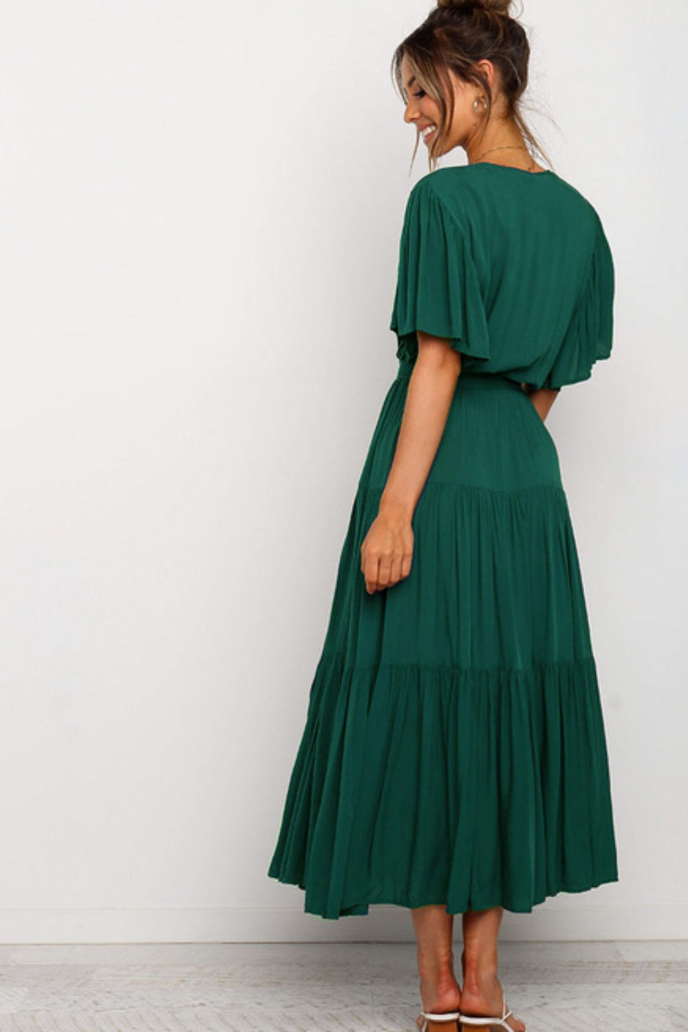 Hazel Blues® |  Front Tie Short Sleeve Tiered Midi Dress