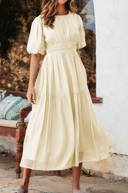 Hazel Blues® |  Puff Sleeve Pleated High Waist Flowy Midi Dress